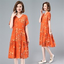 时尚韩版潮流小碎花褶皱中长款棉麻连衣裙2021夏季植物花卉印花潮，女装连衣裙，涵誉