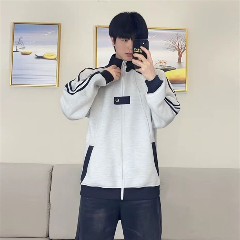 抖音得物品质秋冬美式高街重磅结构拼接织带翻领卫衣夹克外套W113,男装夹克,电商A486-1