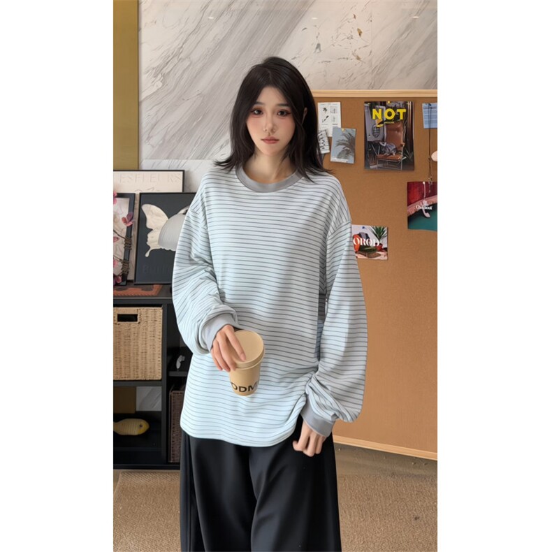 图 300克加厚德绒撞色潮流条纹冬季打底衫男女长袖T恤 P38图片