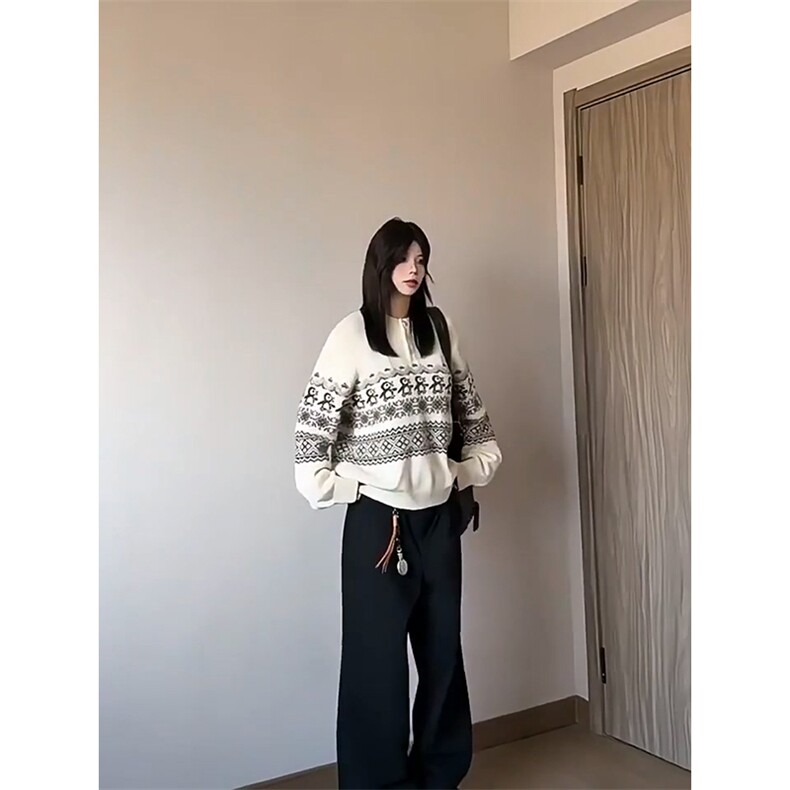 重磅秋冬装北极绒套头毛衣美式复古休闲慵懒风提花工艺针织衫外套,男装针织衫/毛衣,电商A486