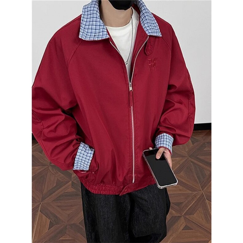 秋季韩系撞色拼接格纹翻领夹克男女潮牌宽松休闲情侣外套J748，男装夹克，星座1116A（原606A-3）