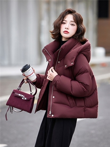 安可拉红休闲连帽短款羽绒服女2025冬季新款保暖面包服小个子外套图片