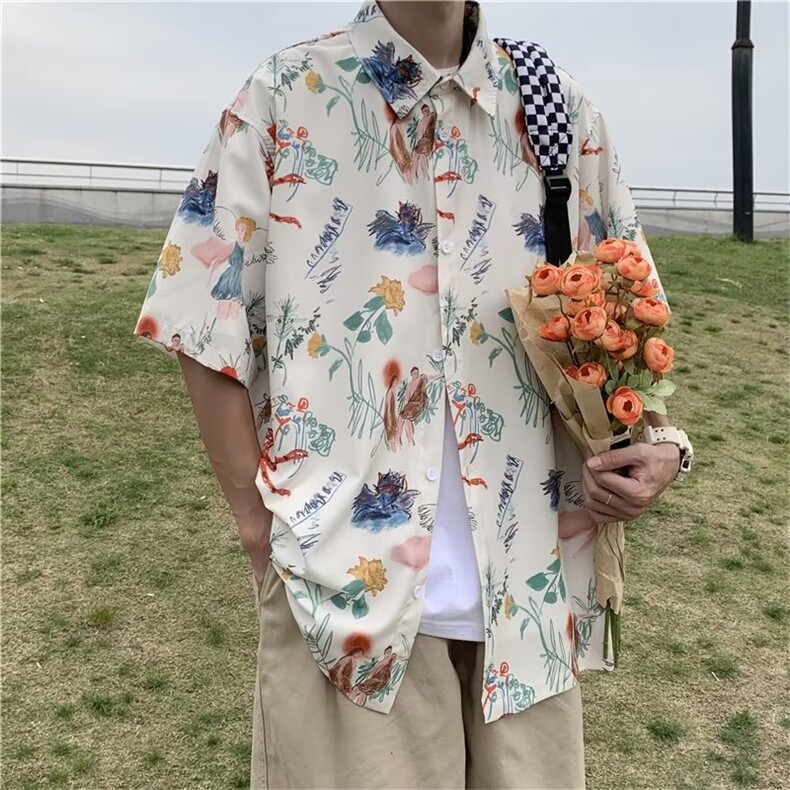 日系五分袖春夏季新款衬衫潮流慵懒男方领宽松型衬衫C757P33图片