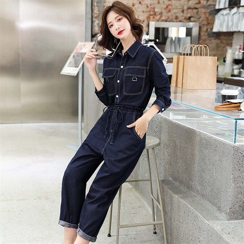 连体裤女2025春秋时尚简约收腰显瘦休闲炸街百搭衬衫领工装连衣裤,女装套装/套裙,E百度