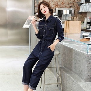 连体裤女2025春秋时尚简约收腰显瘦休闲炸街百搭衬衫领工装连衣裤图片