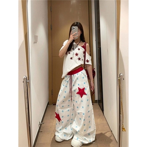 【现货】D5322-特批39美式复古星星印花休闲裤女宽松显瘦百搭裤图片