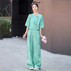 今年流行新中式一整套女夏装高级感气质国风禅意上衣阔腿裤两件套，女装套装/套裙，伊仟回
