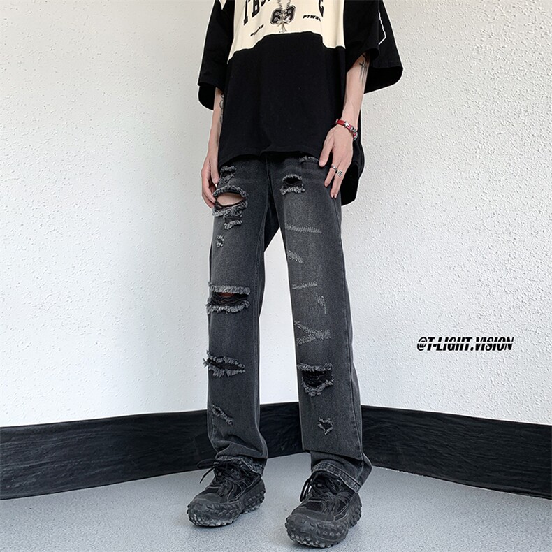 B221美式ins高街暗黑小众设计直筒破洞牛仔裤LK23074-P65控88,男装牛仔裤,电商B221