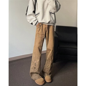 美拉德棕色设计感牛仔裤男款美式宽松直筒微喇工装裤K5951-P61图片
