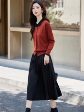 （现货）假两件毛衣女宽松显瘦针织上衣+百褶半裙套装，女装套装/套裙，韩蔻秀