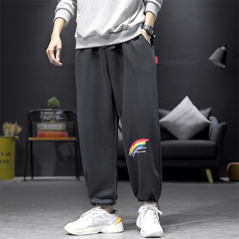 K183P30短句风春夏装抽绳束脚休闲九分裤学生哈伦裤港风彩虹印花，男装休闲裤，电商A026-1