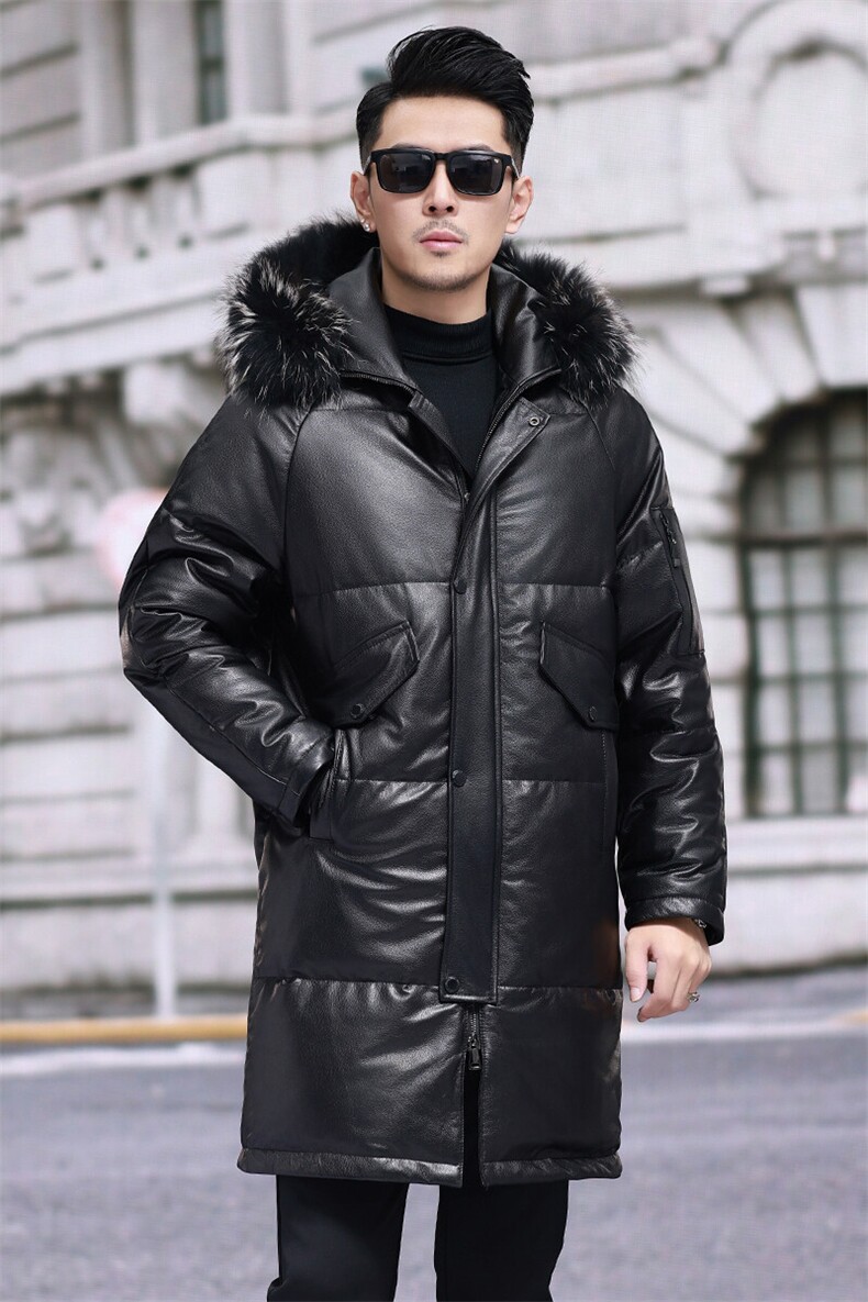 冬季真皮皮衣羽绒服男士头层牛皮狐狸毛领带帽中长款皮大衣外套潮,男装皮衣,电商B360A（原721A）