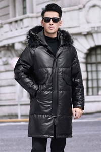 冬季真皮皮衣羽绒服男士头层牛皮狐狸毛领带帽中长款皮大衣外套潮图片