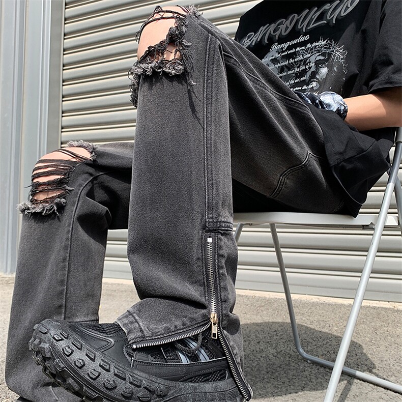 2023夏季新款百搭破洞牛仔裤裤脚拉链微喇裤313A-1-NZ038-P65控78,男装牛仔裤,星座808A-1