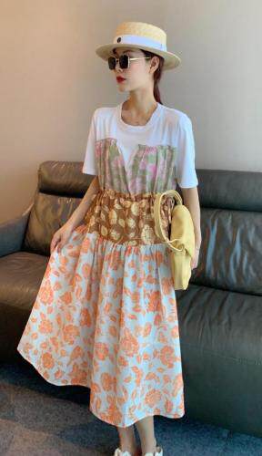 【现货】韩版三色花拼接连衣裙，女装连衣裙，秋水月亮