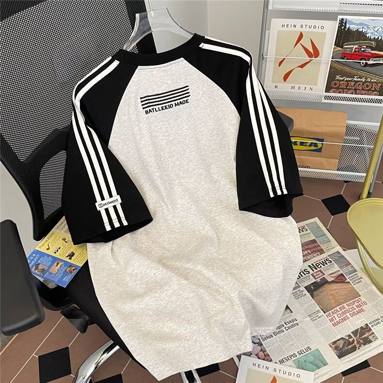 美式复古拼色条纹短袖T恤男女潮宽松百搭情侣半袖上衣T30444-p38,男装T恤,星座1008