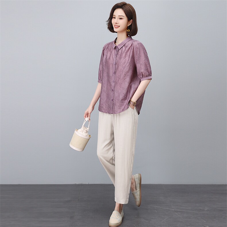 高端天丝短袖衬衫女夏季薄2025新款中年妈妈休闲气质百搭减龄上衣，女装套装/套裙，悦见她