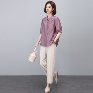 高端天丝短袖衬衫女夏季薄2025新款中年妈妈休闲气质百搭减龄上衣，女装套装/套裙，悦见她