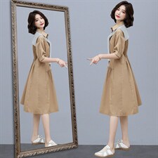 夏季衬衫裙通勤韩版单排扣2022年夏季宽松腰棉A字裙中长款图片