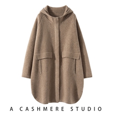 秋冬百搭温柔休闲时尚宽松四平连帽羊绒大衣，女装羊绒大衣，艾森羊绒