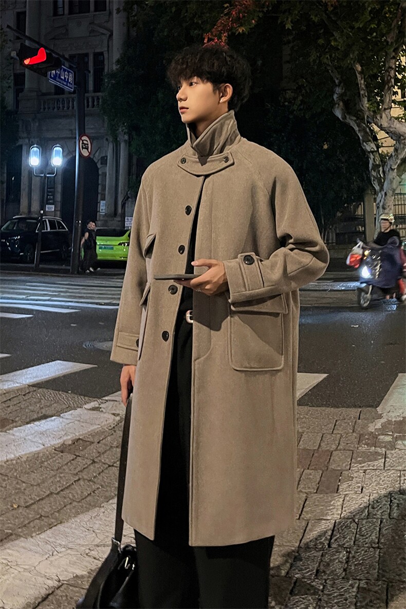 秋冬毛呢大衣男潮设计感小众宽松风衣中长款过膝外套MN00330/P135,男装风衣,电商B316