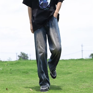 美式高级感拼接牛仔裤男春秋高街阔腿垂感直筒百搭长裤~NK1222图片