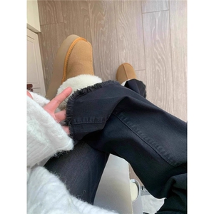 【现货】黑色微喇毛边牛仔裤男女秋冬加绒裤子 F448 P33图片