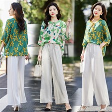 夏季新款简约气质圆领时尚图案印花复古盘扣装饰棉麻两件套，女装套装/套裙，贵人树