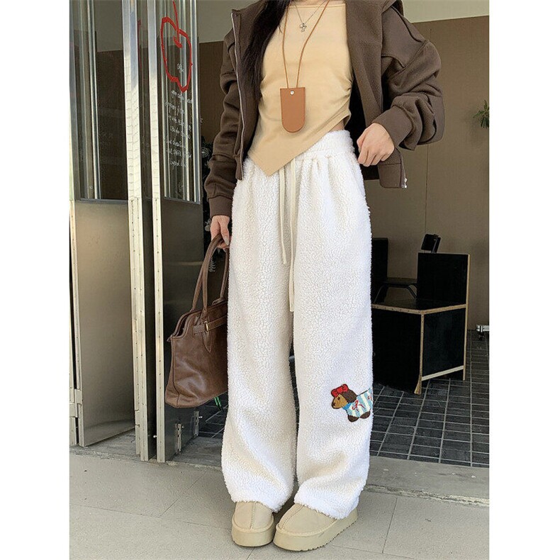 小狗刺绣羊羔毛棉裤男女情侣冬季加厚保暖防寒宽松百搭休闲长裤子图片