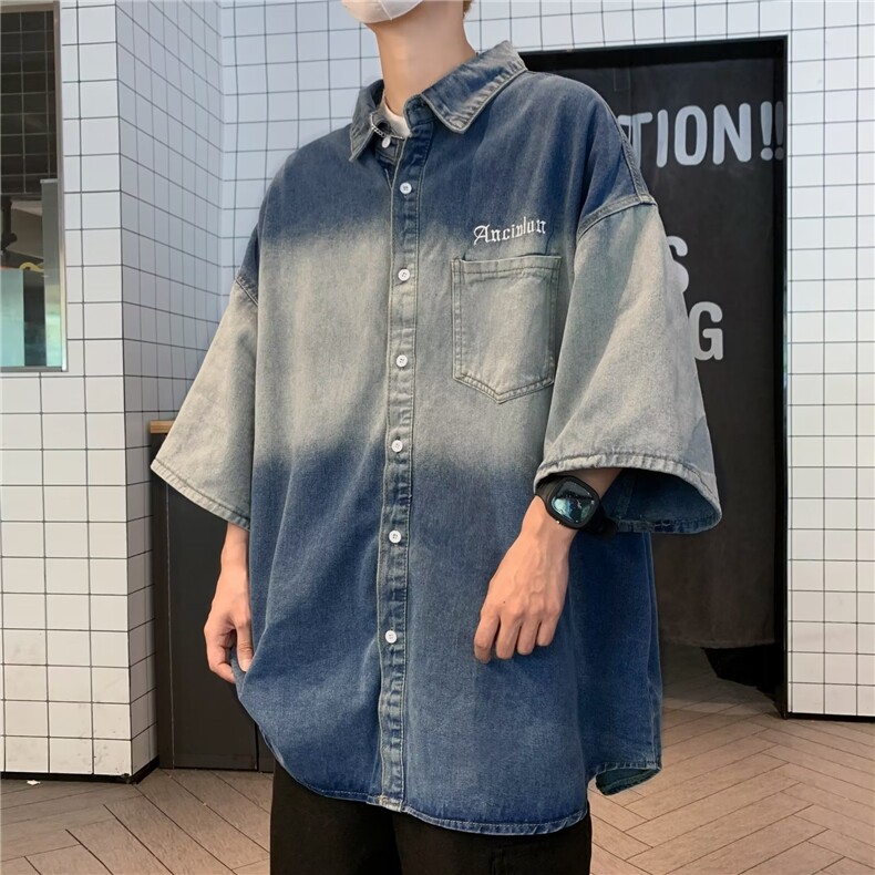 美式渐变牛仔短袖男款夏季潮牌工装外套翻领休闲刺绣衬衣S982-P58,男装衬衫,星座1008