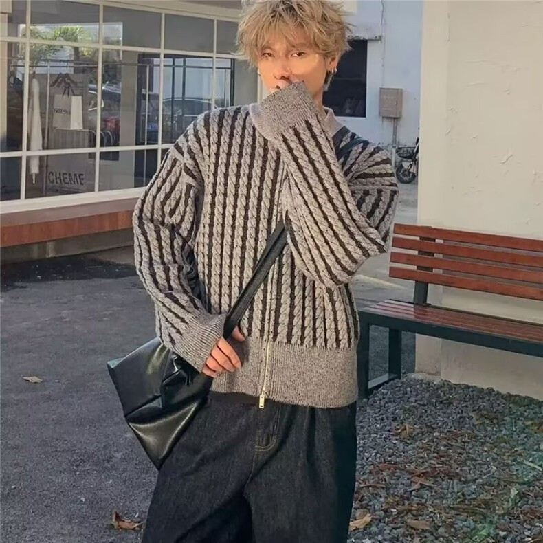 美式复古撞色条纹麻花拉链开衫毛衣外套男休闲百搭上衣,男装针织衫/毛衣,星座218-1（原230）