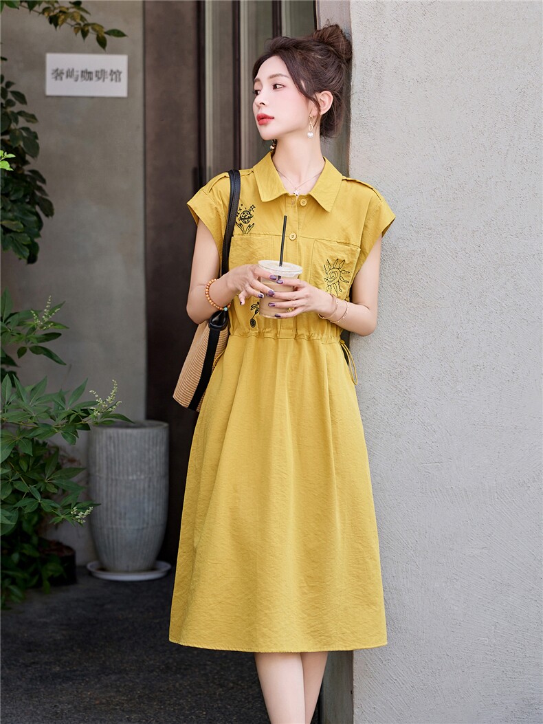 高级感刺绣翻领连衣裙女2025夏季新款减龄气质收腰显瘦休闲衬衫裙,女装连衣裙,意芙