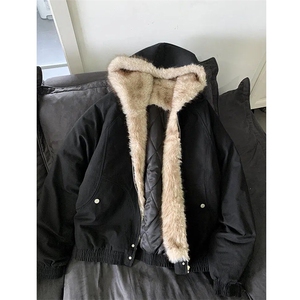 现货高品质美式高街冬季重磅硬挺短款座山雕毛领棉衣男女加厚外套图片