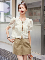 2023新款夏季新中式泡泡袖上衣配短裤套装，女装短裤/热裤，岚衣(原川流布茜）
