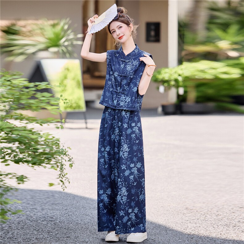 新中式国风印花套装女2025夏季新款时尚盘扣无袖上衣阔腿裤两件套,女装套装/套裙,韩宇舍
