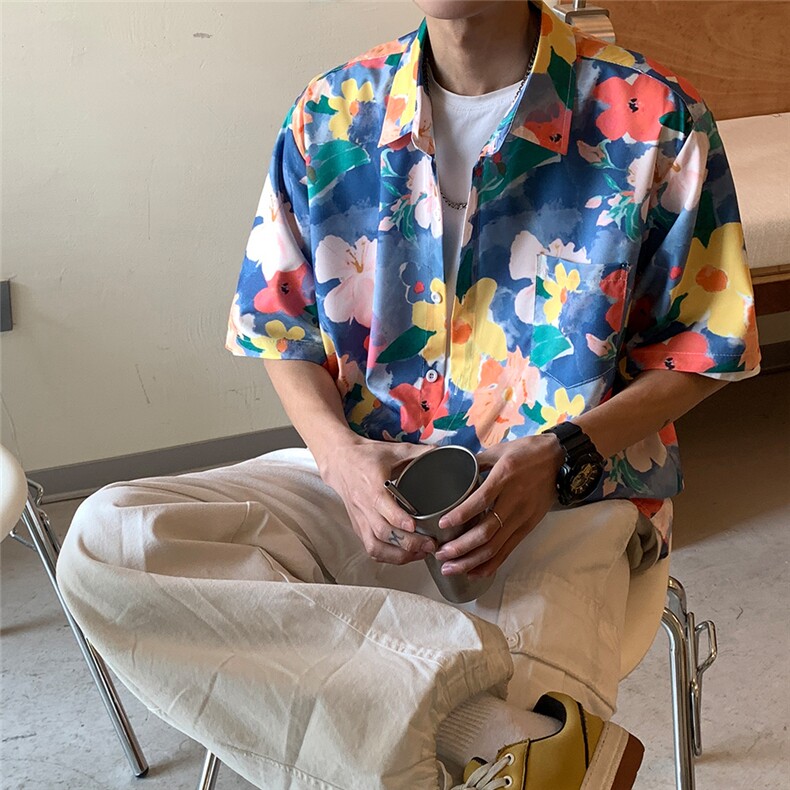 旅游短袖衬衫男夏季宽松情侣外套潮流ins港风休闲满印沙滩花衬衫,男装衬衫,电商C306-1
