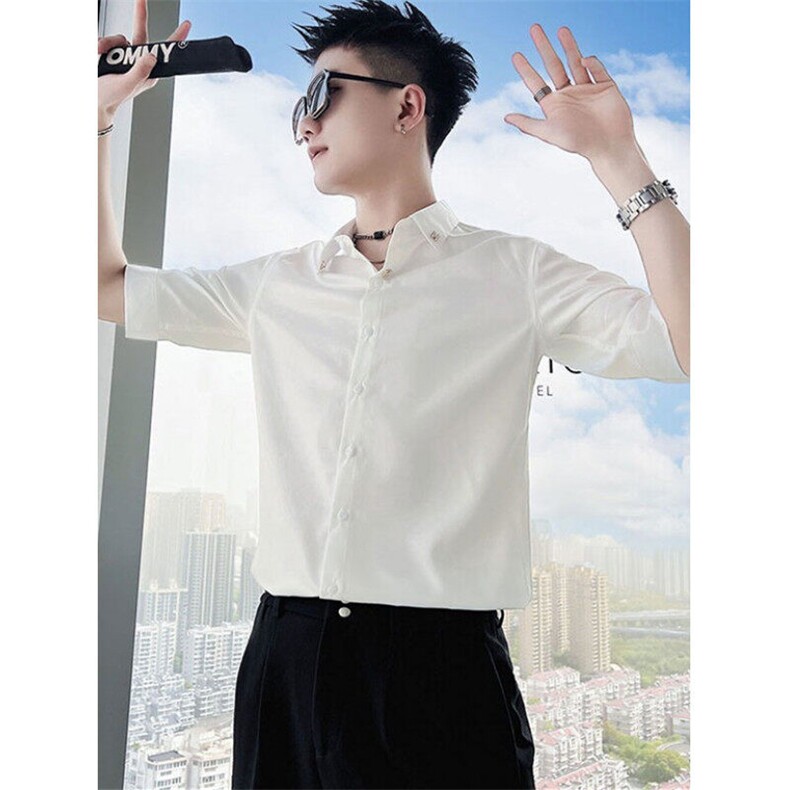 夏季冰丝白色衬衫男痞帅发型师衬衣韩版休闲五分袖小寸衫CA669,男装衬衫,星座1116A-2（原606A-1）