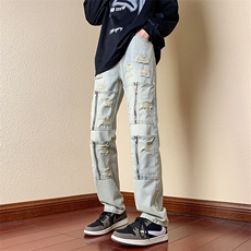 B221美式ins高街小众重工艺拉链破洞小脚牛仔裤LK23017-P65控88，男装牛仔裤，电商B221
