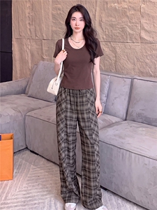设计感时尚休闲套装女夏季新款高级感圆领短袖上衣阔腿长裤两件套图片