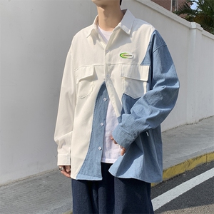 牛仔拼接衬衫设计感小众上衣2023新款春秋宽松衬衣ins潮W2105-P40图片