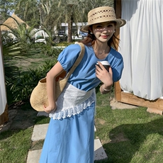 甜美丝巾蓝色泡泡袖连衣裙女夏2025新款爆款氛围感长裙小众不撞款，女装连衣裙，2C057