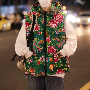 M4风东北大花棉马甲外套大码宽松秋冬汉服外衣坎肩背心连帽,女装马甲,星座115A(原星座507）