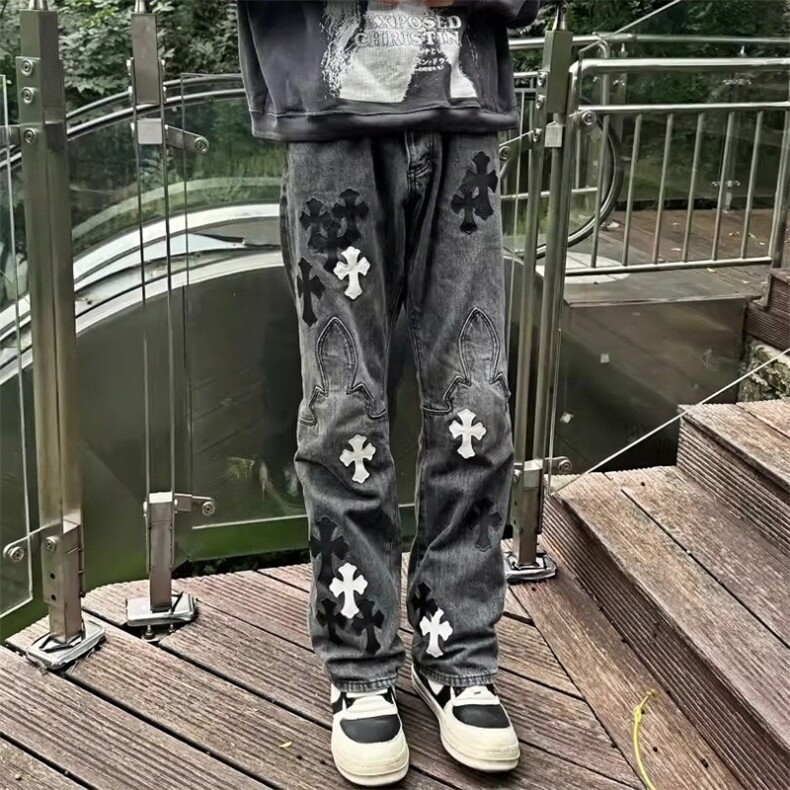 限定黑灰色火焰黑白十字架拼皮情侣款洗水牛仔长裤,男装休闲裤,星座813-2