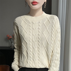 老钱风麻花纹100纯棉针织毛衣女2025新款加厚针织衫高级感打底衫，女装针织衫/毛衣，斯美雅电商供货