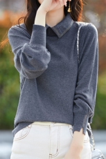精仿羊毛Polo领针织衫女长袖t恤春装新款翻领中年妈妈打底衫上衣，女装羊毛衫，朝贺羊绒