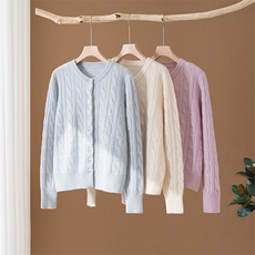 2025年秋季新款百搭女士麻花提花系扣长袖圆领开衫，女装羊绒衫，澳冬特羊绒