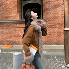 复古时髦毛毛拼接外套女2025冬新款短款加厚保暖美拉德高级感上衣，女装棉衣/棉服，2C029