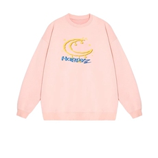 2025年秋季通勤华棉双帽落肩圆领帽衫月亮印花，女装卫衣/绒衫，花可