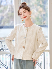 蓝色新中式国风刺绣外套女2025春秋新款独特漂亮减龄气质圆领上衣，女装短外套，沁沁公主