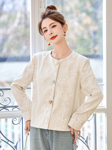 蓝色新中式国风刺绣外套女2025春秋新款独特漂亮减龄气质圆领上衣图片